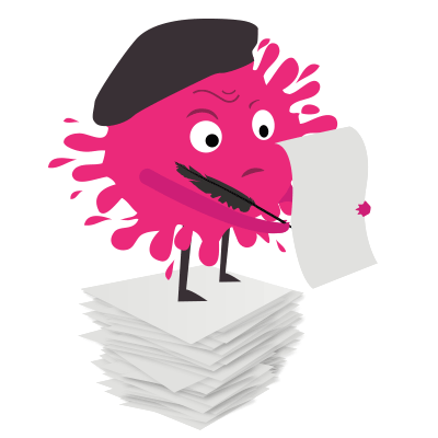 The Scribe logo, a cartoon pink ink splodge character frowning at his manuscript.